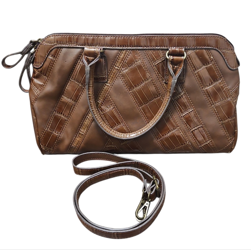GAL Brown Faux Leather Satchel Handbag with Crossbody Strap